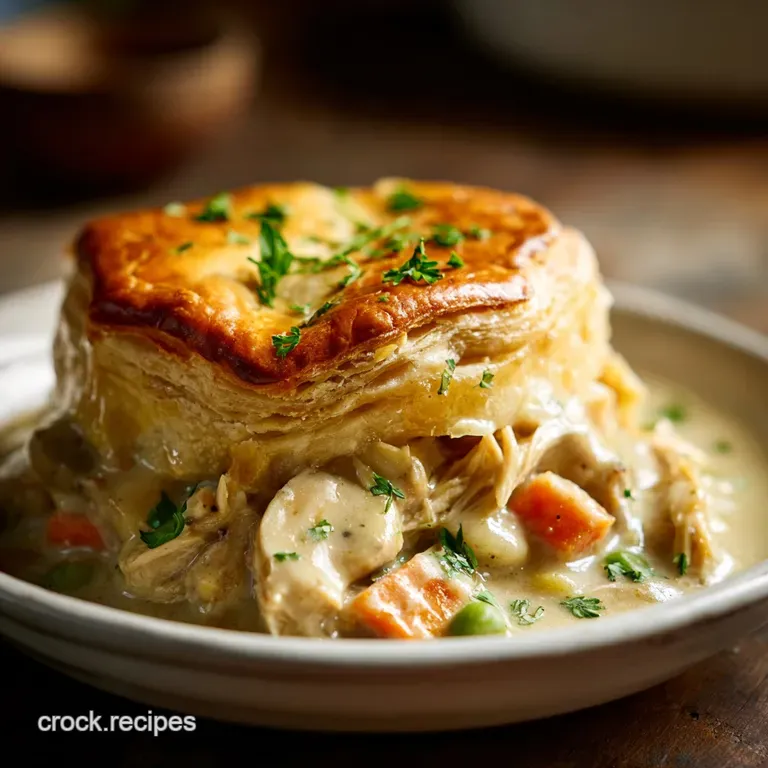 Warm, comforting chicken pot pie filling oozing from a flaky crust, garnished with fresh herbs on a white plate.