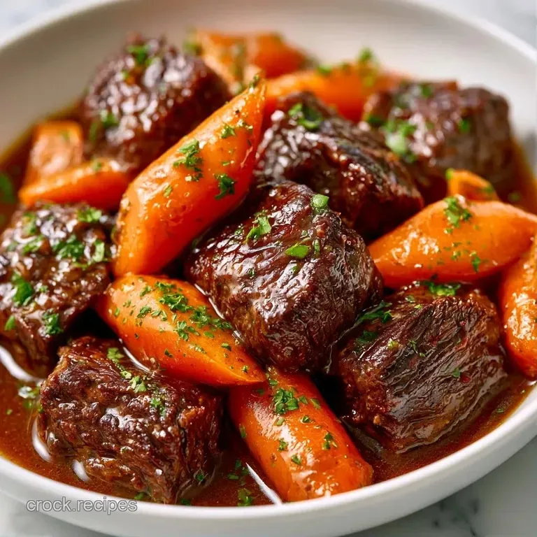Rustic ceramic bowl of beef and vegetable stew topped with fresh herbs, set on a wooden table with a linen napkin.