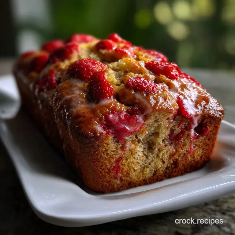 A thick slice of banana bread artfully arranged on a white plate. Fresh strawberries and a dusting of powdered sugar compl...
