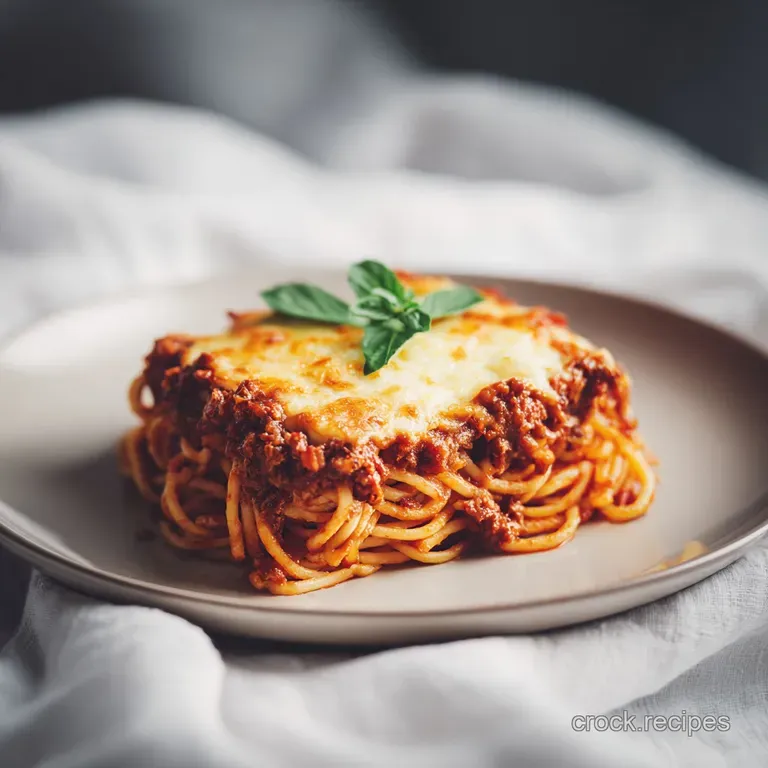 A generous scoop of cheesy baked spaghetti, topped with a sprinkle of parsley and a side of garlic bread.