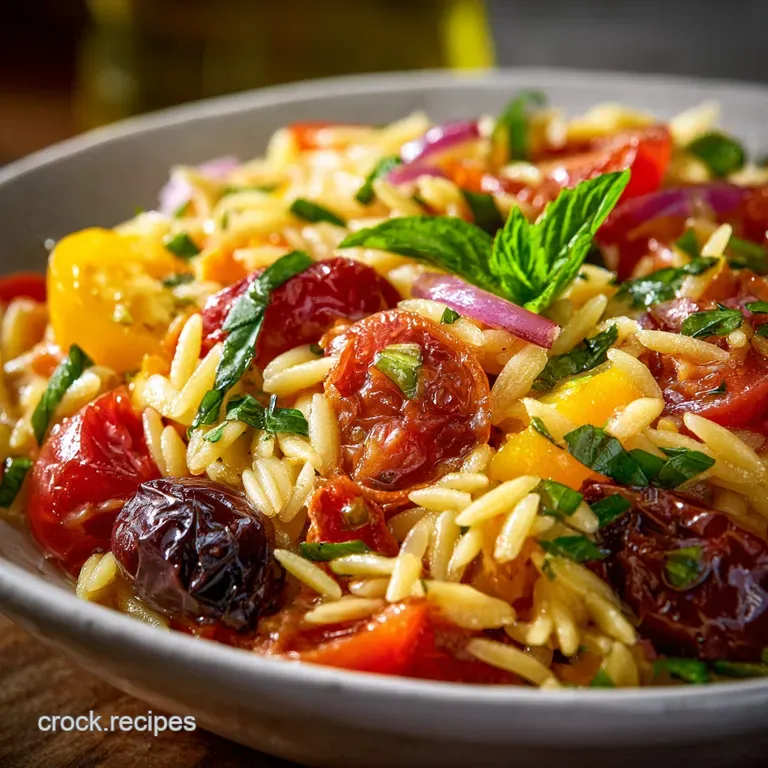 Tomato Orzo Pasta Salad Sundrenched Orzo with Feta and Basil Vinaigrette presentation