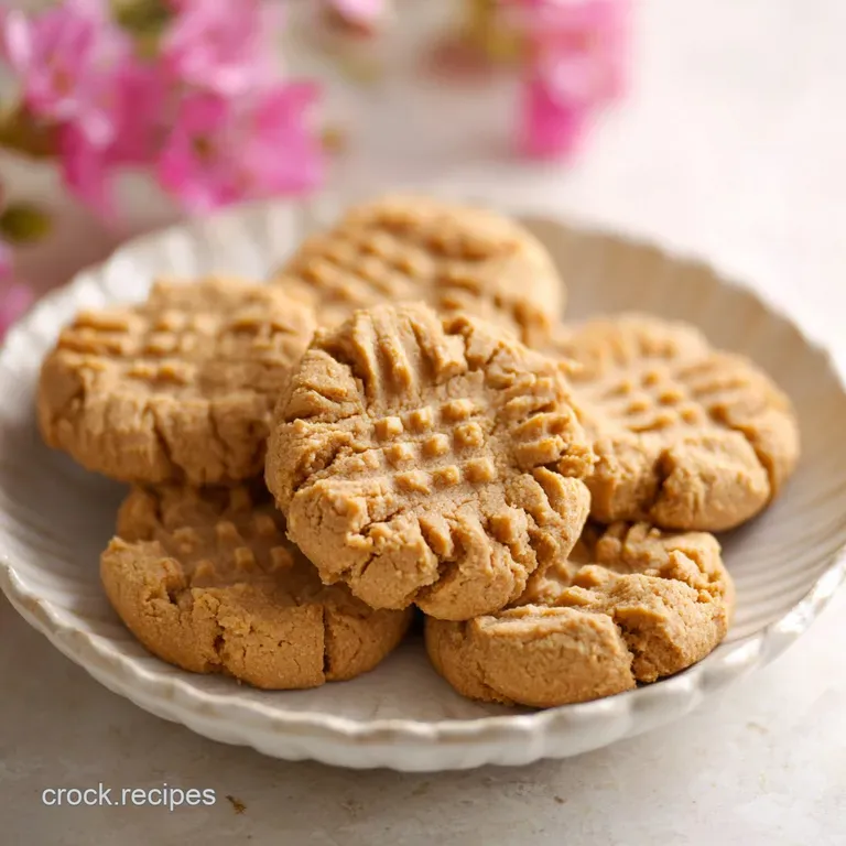 A stack of warm, crinkled peanut butter cookies artfully arranged with a swirl of peanut butter.