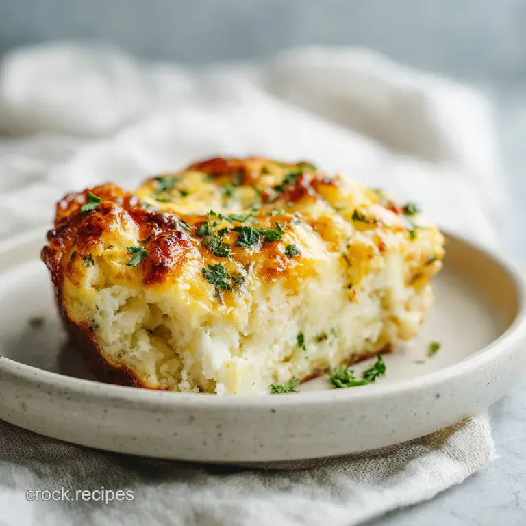 A generous scoop of fluffy egg casserole, showcasing tender layers and a hint of melted cheese.