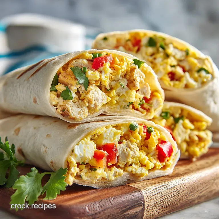 Warm breakfast burrito half, fillings of scrambled eggs, sausage and cheese oozing out, placed on patterned parchment paper.