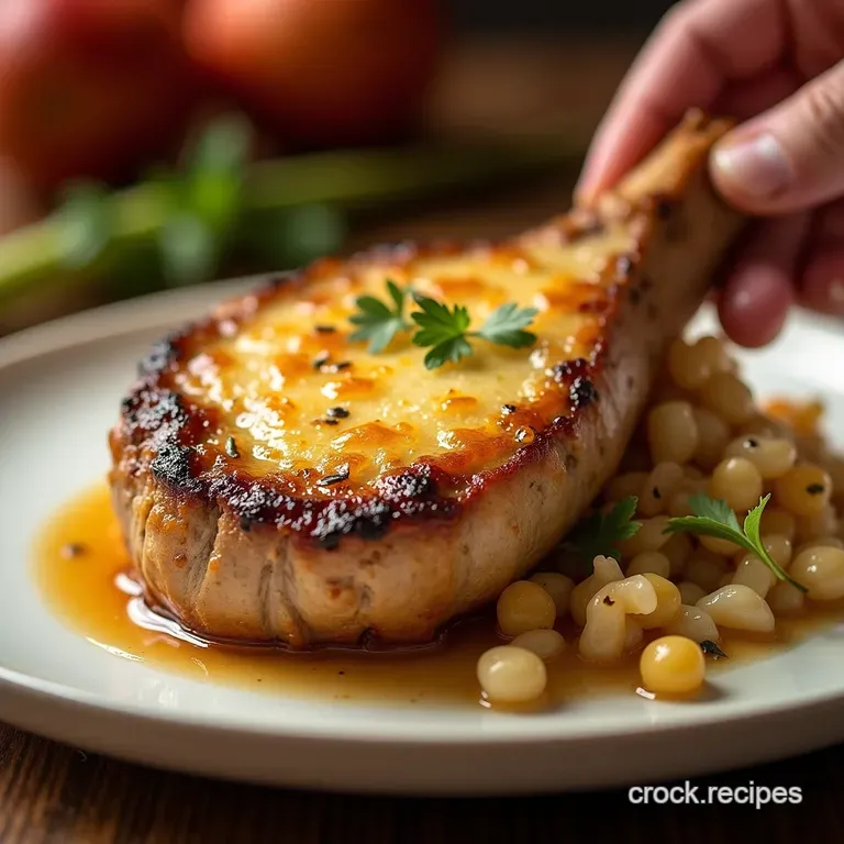 The Bistro Classic Caramelized French Onion Pork Chops with Gruy&egrave;re Gratin presentation