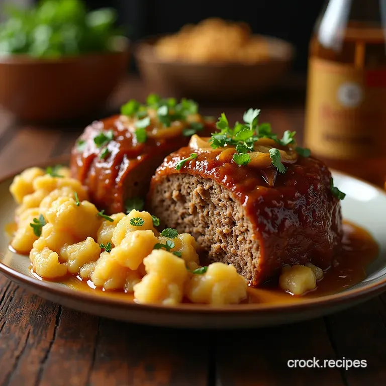 The Ultimate French Onion Meatloaf Caramelised Glory with Truffle Potato Clouds presentation