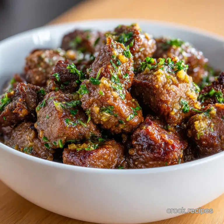 Perfectly browned, juicy beef bites drizzled with creamy garlic butter, garnished with fresh parsley on a simple white plate.