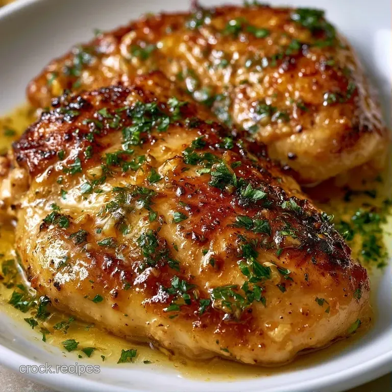 Golden-brown seared chicken on a white plate, garnished with fresh parsley and a wedge of bright yellow lemon.
