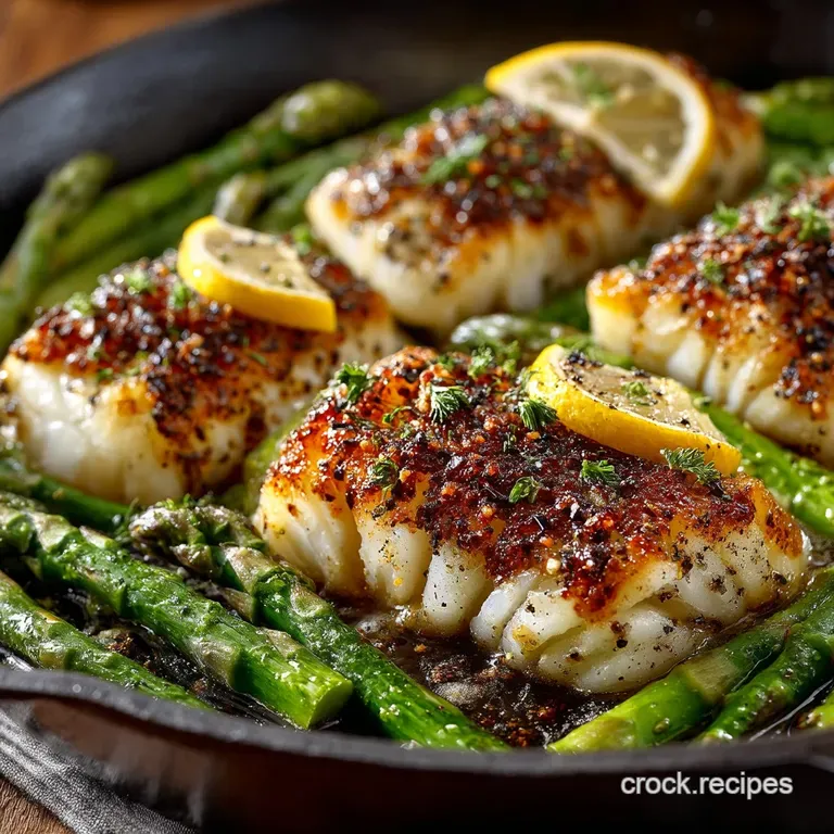 The Speedy OnePan Supper Garlic Butter Cod with Lemon Asparagus Skillet presentation