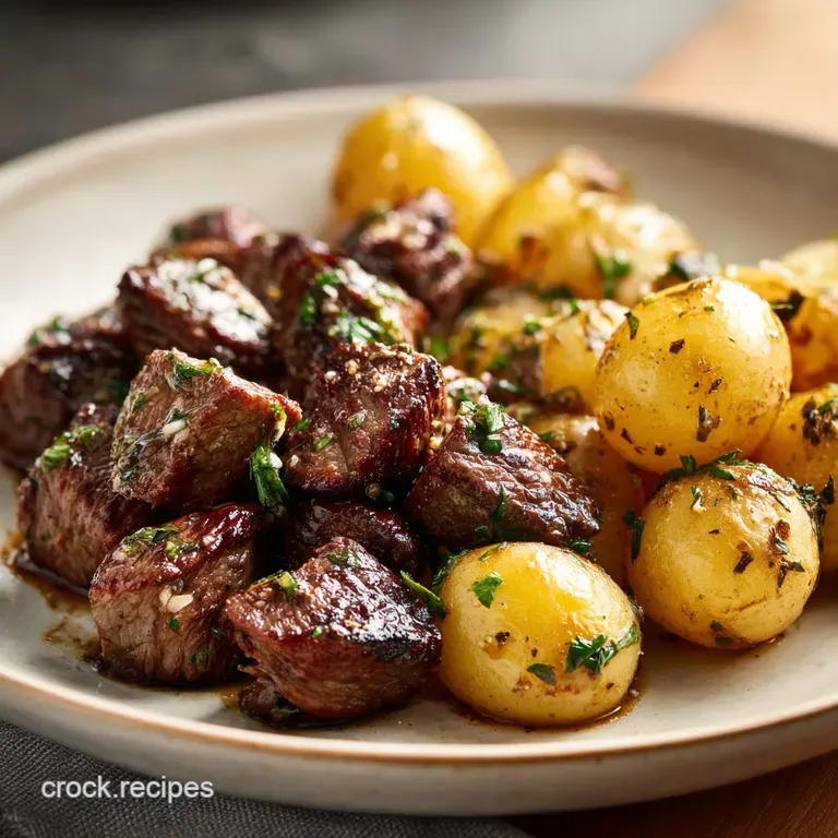 A single serving of tender steak bites, glistening with butter, artfully arranged with fresh parsley on a bright white plate.