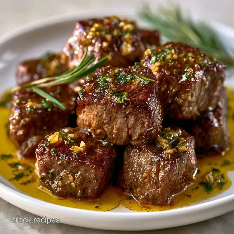 Juicy browned beef cubes arranged on a white plate with a drizzle of golden garlic butter and a sprig of thyme.