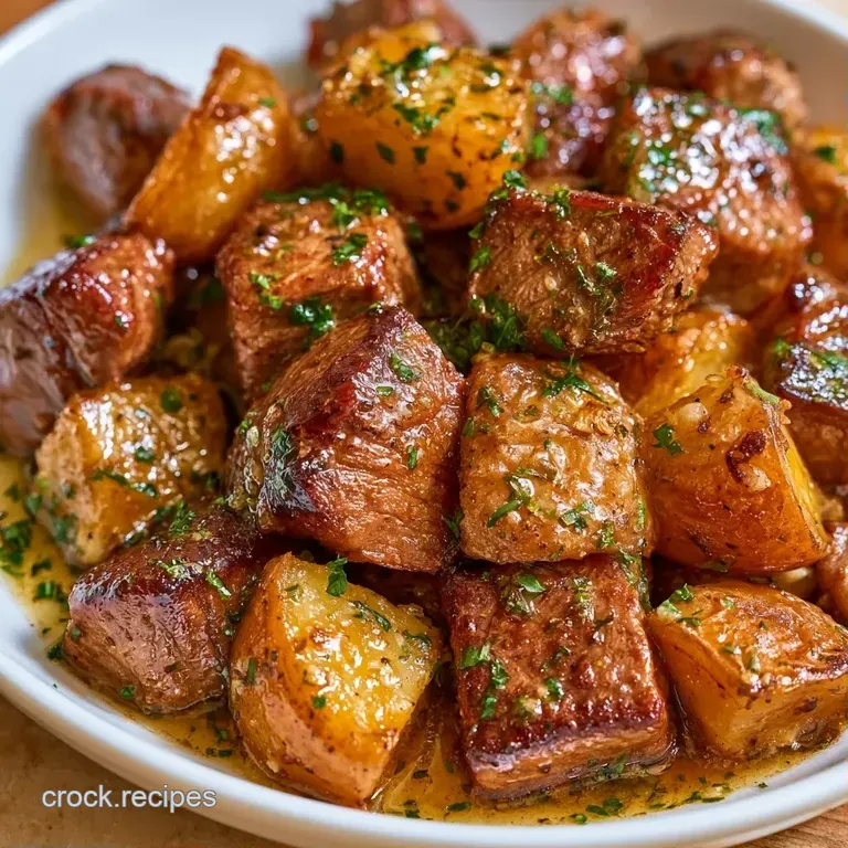 Seared beef cubes and roasted potato chunks garnished with fresh parsley on a modern white ceramic plate.