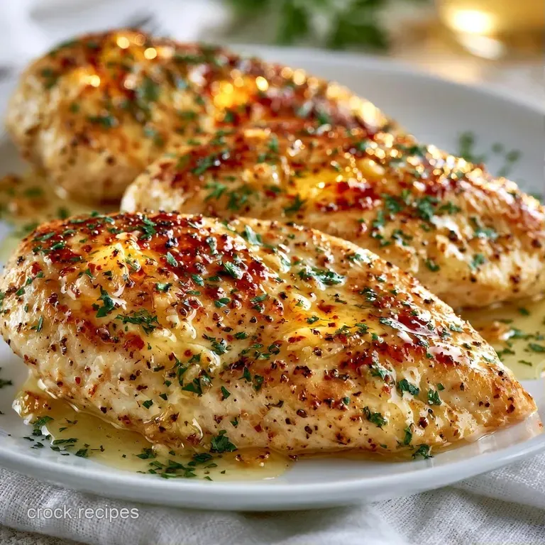 Searing chicken breasts topped with a knob of melting herb butter and sprigs of thyme on a modern ceramic platter.