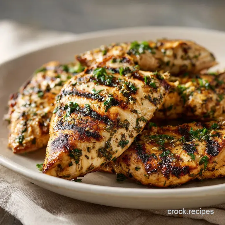 Perfectly grilled chicken breast, artfully arranged on a plate with a drizzle of sauce and a sprinkle of fresh herbs for g...