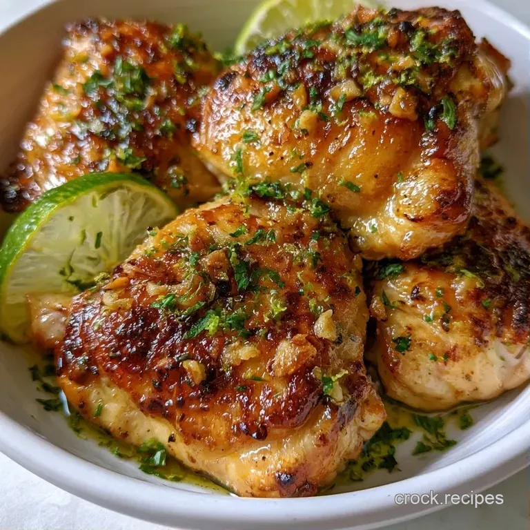 Plated seared chicken with glistening skin, accompanied by bright lime slices and roasted garlic on a white plate.