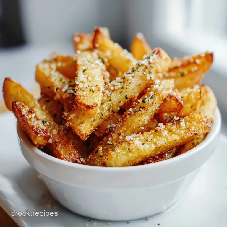Golden thick-cut potato wedges piled high in a ceramic bowl, dusted with parmesan and fresh green herbs.