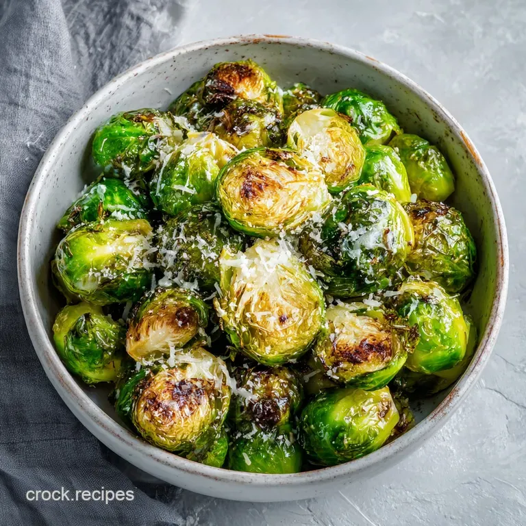 Tender, roasted Brussels sprouts artfully arranged on a white plate, showered with grated Parmesan and a sprinkle of red p...