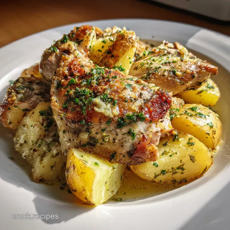 Juicy, shredded chicken in garlic parmesan sauce over pasta, plated elegantly with fresh herbs and a sprinkle of parmesan.