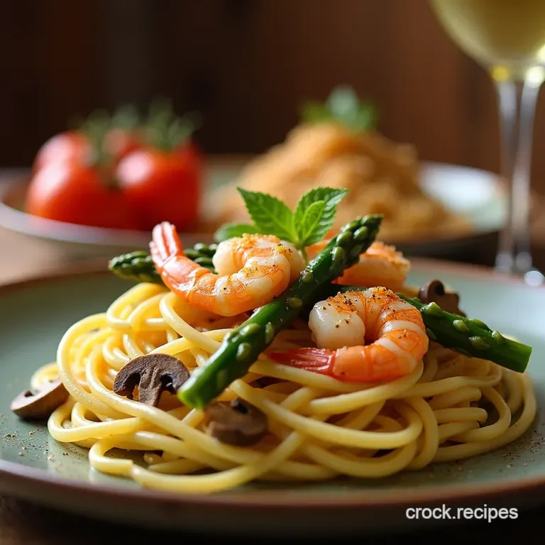 Chefs Speedy Garlic Shrimp Asparagus and Mushroom Tagliatelle presentation