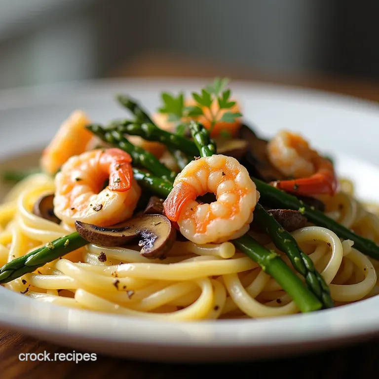 Chefs Speedy Garlic Shrimp Asparagus and Mushroom Tagliatelle