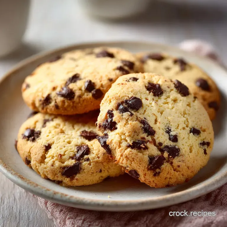 Stack of perfectly baked, slightly cracked chocolate chip cookies dusted with powdered sugar.