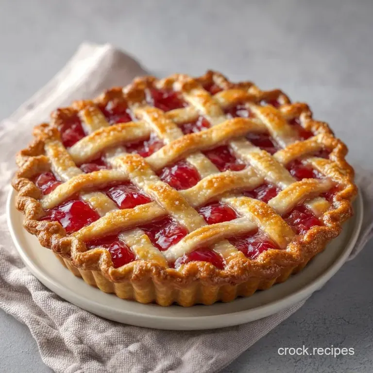 A slice of tart red pie on a white ceramic plate with a scoop of melting vanilla bean ice cream on top.