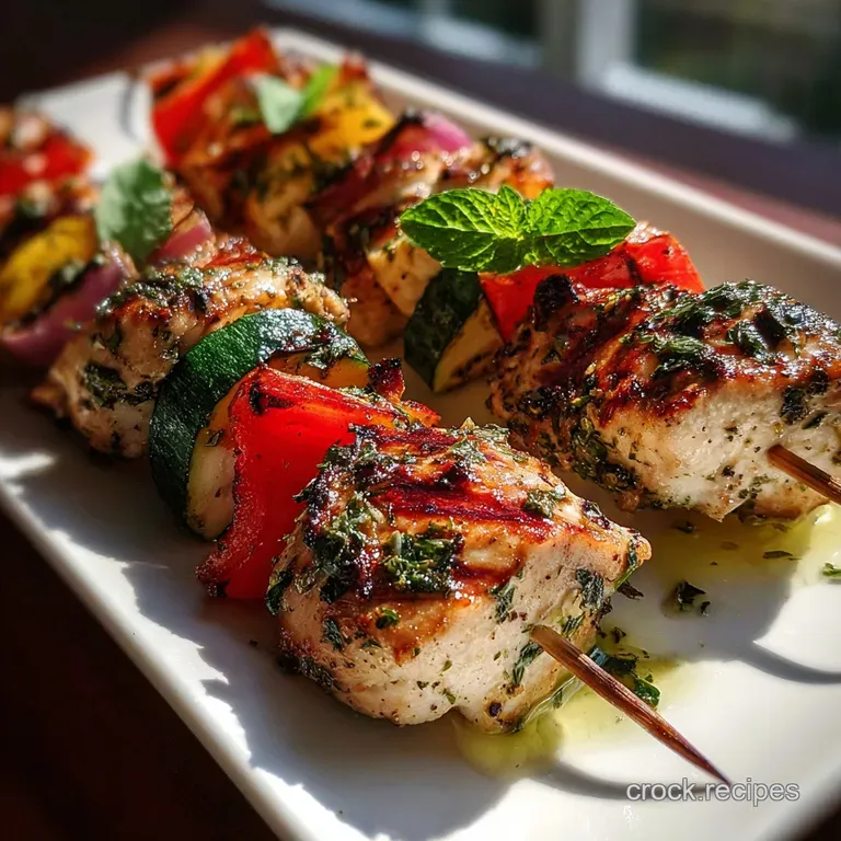 Golden-brown chicken kabob served on a white plate, drizzled with creamy yogurt sauce, with a bright lemon wedge alongside.