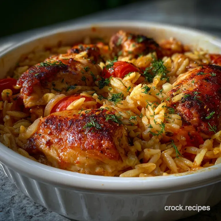 Creamy chicken and orzo served elegantly with a drizzle of olive oil, fresh herbs, and a sprinkle of feta. A colorful, sat...