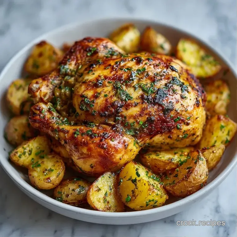 Golden-brown chicken and crisp potatoes on a white platter, topped with crumbled feta and dark kalamata olives.