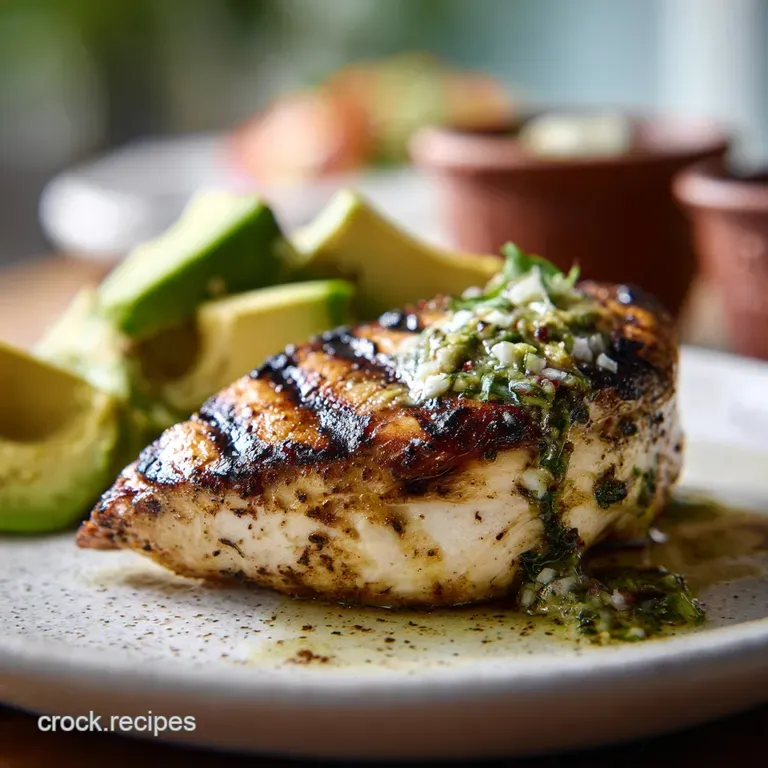 Perfectly plated chicken and avocado. The dish has a drizzle of sauce with pops of green herbs; a vibrant and delicious meal.