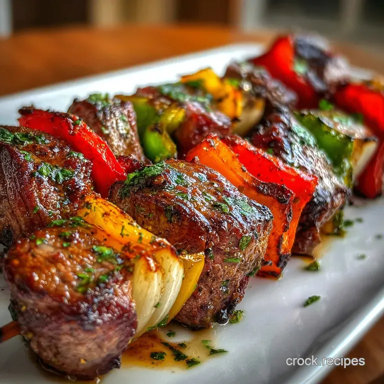 A skewer of juicy grilled steak and vibrant vegetables, beautifully plated with a sprig of rosemary. Hints of char and herbs.