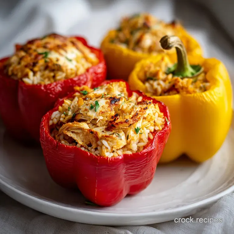 Vibrant red bell peppers filled with savory meat and rice, plated on white ceramic with a sprig of fresh cilantro.