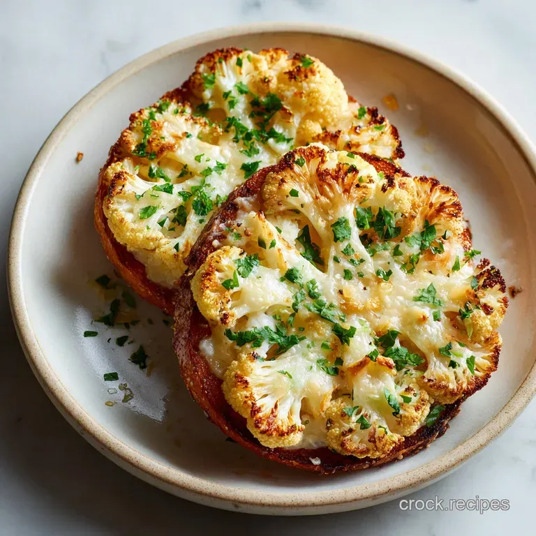 A slice of crusty golden toast topped with creamy cauliflower and melted Gruyere on a white plate. Garnish is a sprig of t...