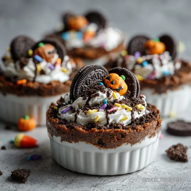 A spooky Halloween dirt cup presented on a wooden table, topped with crushed chocolate cookies & gummy worms, ready to eat.