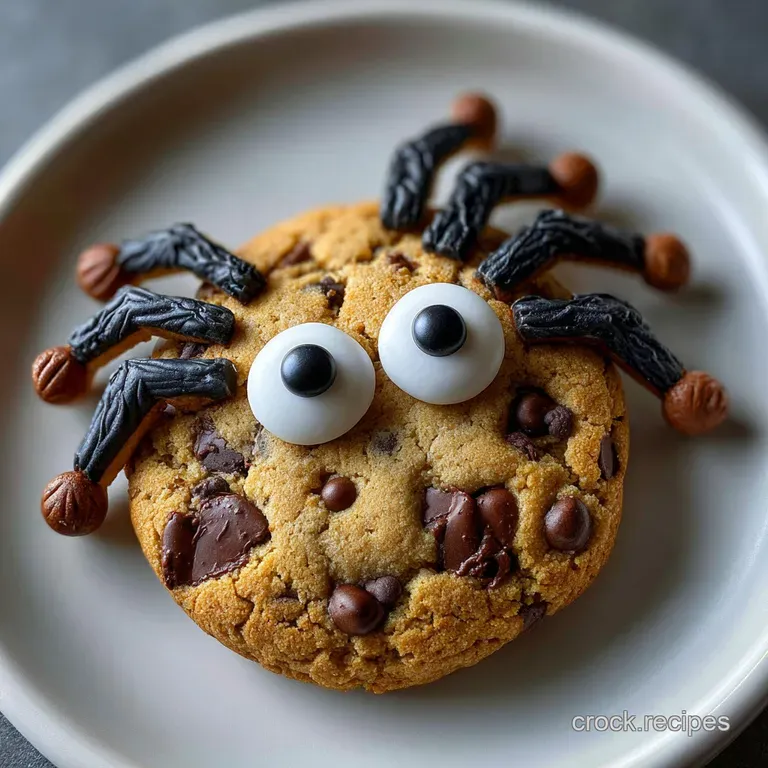 Chocolate chip spider cookie on a small plate. Its melted chocolate spider details and crispy edges are the perfect spooky...