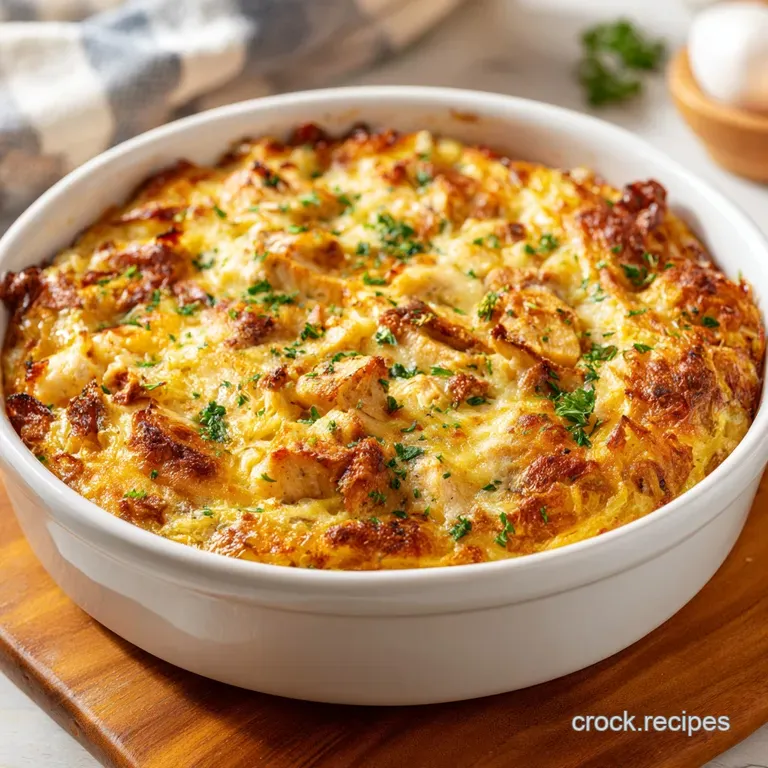 A perfectly portioned slice of chicken casserole, showcasing creamy layers and a golden-brown hashbrown crust.