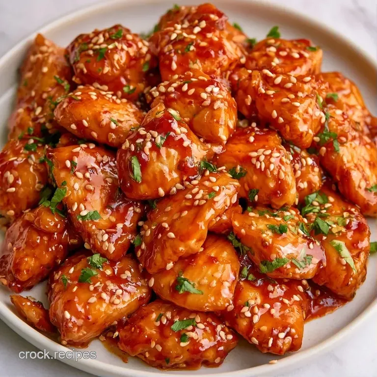 Glazed golden-brown chicken chunks served over steamed white rice in a ceramic bowl with bright green onion garnish.