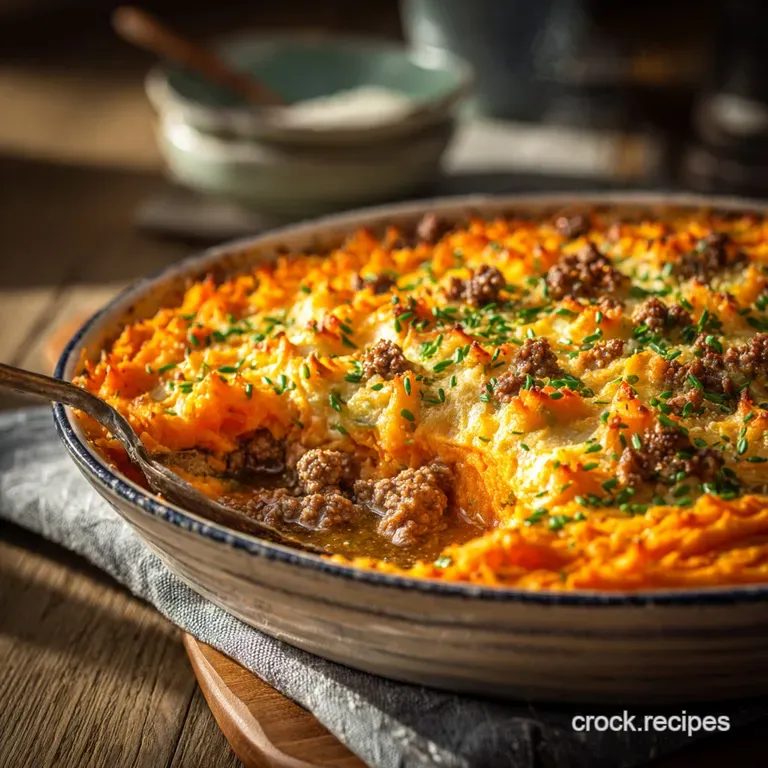 Healthy Shepherds Pie: Hearty Lamb Filling Nutritious Sweet Potato Mash presentation
