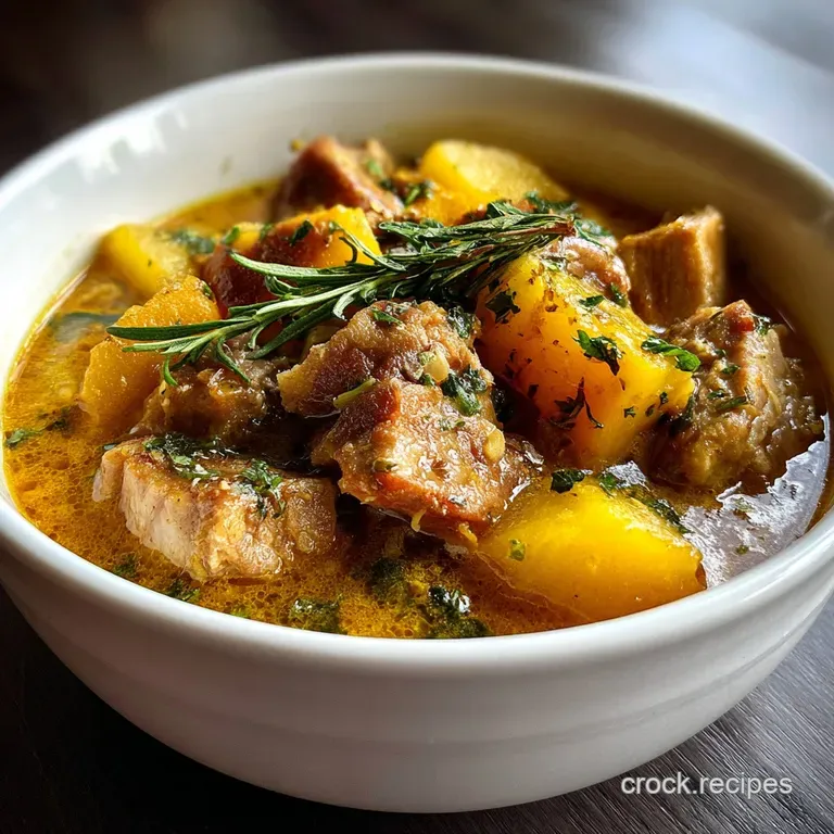 A swirl of creamy stew featuring tender pork chunks, bright acorn squash and dark greens, garnished with a sprig of rosemary.