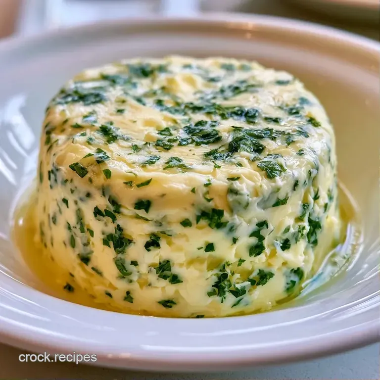 A golden disc of salted herb-infused butter resting on a rustic wooden board with a fresh, aromatic rosemary sprig.