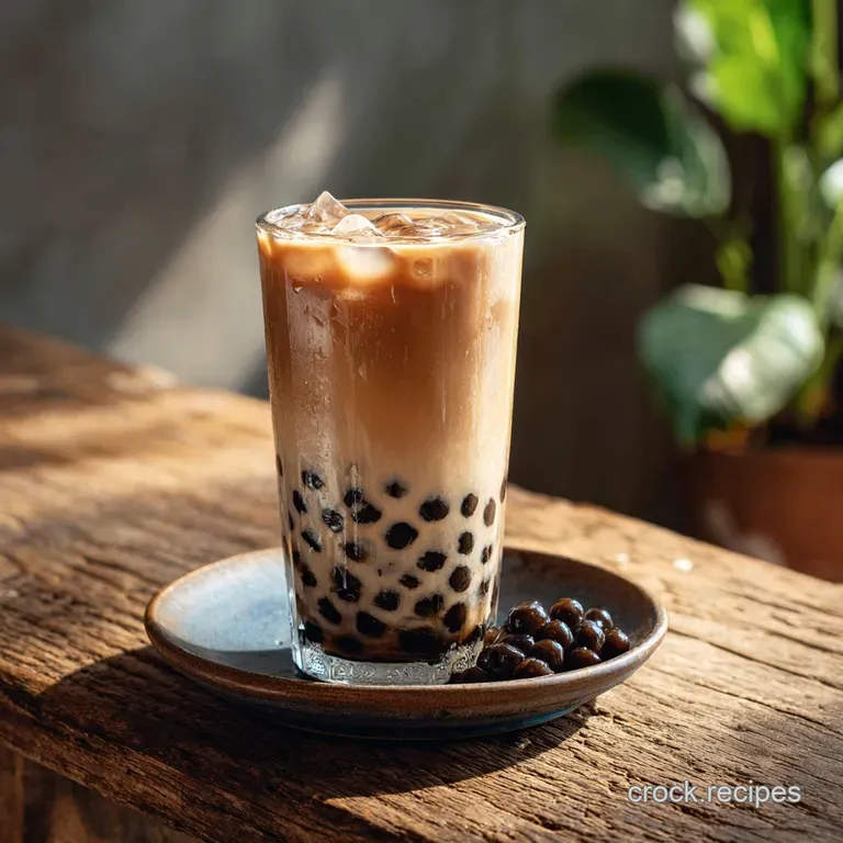 Icy boba tea with plump tapioca pearls served in a tall glass with a straw and a sprinkle of brown sugar.