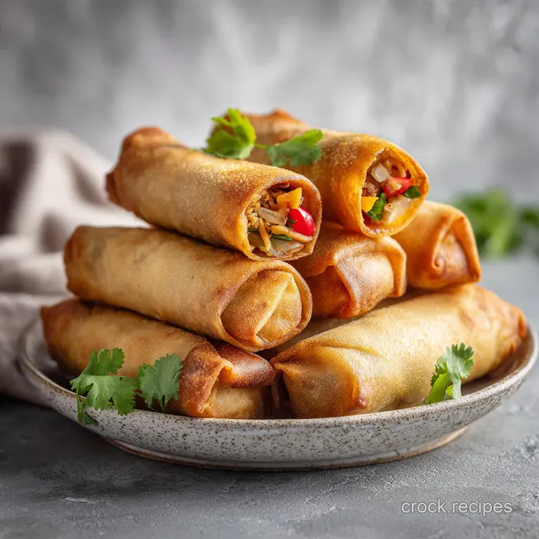 Neatly arranged spring rolls on a dark plate, glistening slightly, with a small dipping sauce bowl.