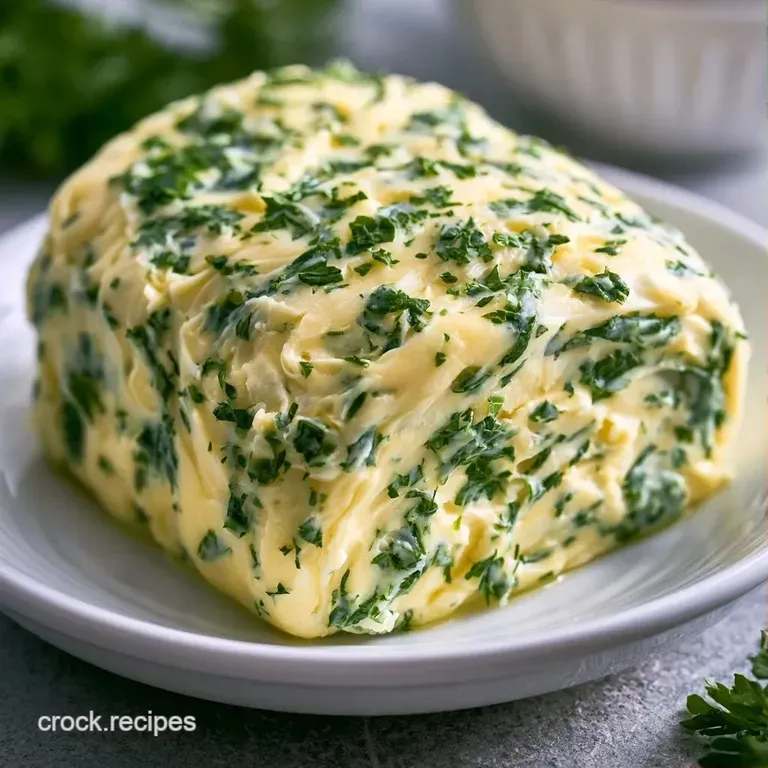 A smooth log of herb-infused butter wrapped in parchment paper, served alongside sliced toasted baguette bread.