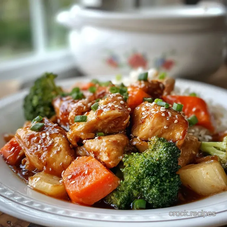Honey garlic chicken glistening on a plate, garnished with sesame seeds & green onions. Rice is fluffy and white on the side.