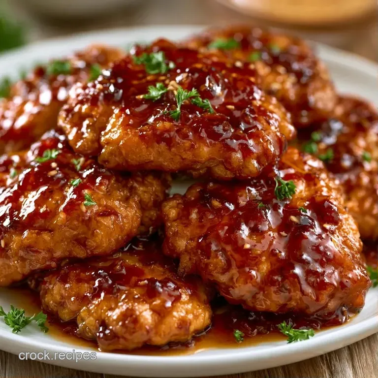 Glossy golden chicken chunks artfully arranged on a white ceramic platter with sliced scallions and sesame seeds.