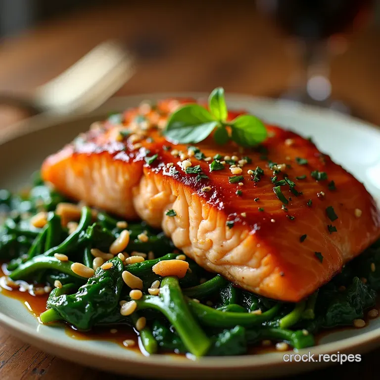 Sticky Sensational Honey Garlic Glazed Salmon with Sesame StirFried Greens presentation