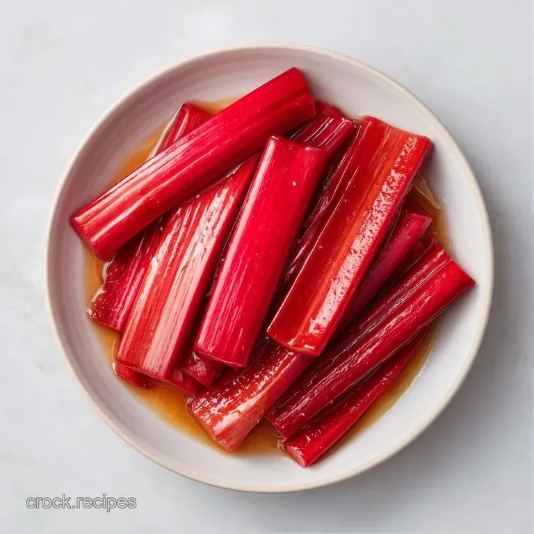 Tender ruby-red stalks arranged elegantly on a ceramic plate, drizzled with a shimmering, translucent honey glaze.