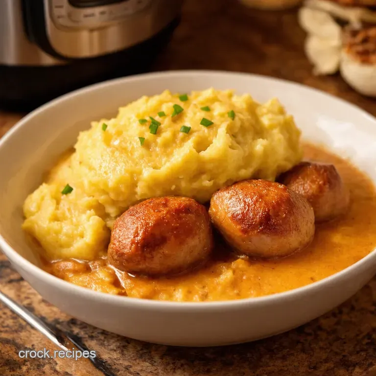 Instant Pot Bangers and Mash with Onion Gravy presentation