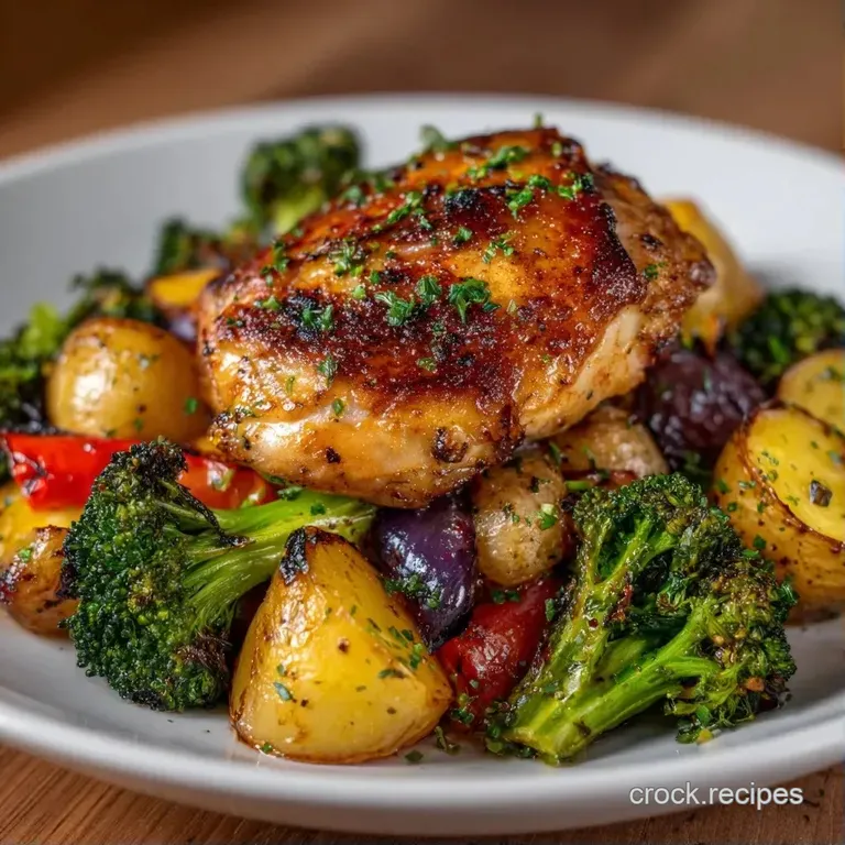 A white ceramic plate holding a seared chicken breast paired with charred zucchini and vibrant roasted peppers.