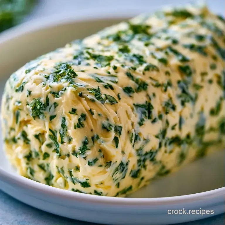 A chilled log of herb-infused butter tied with rustic twine on a white marble slab next to fresh basil sprigs.